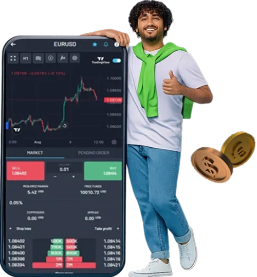 Person next to phone and coins